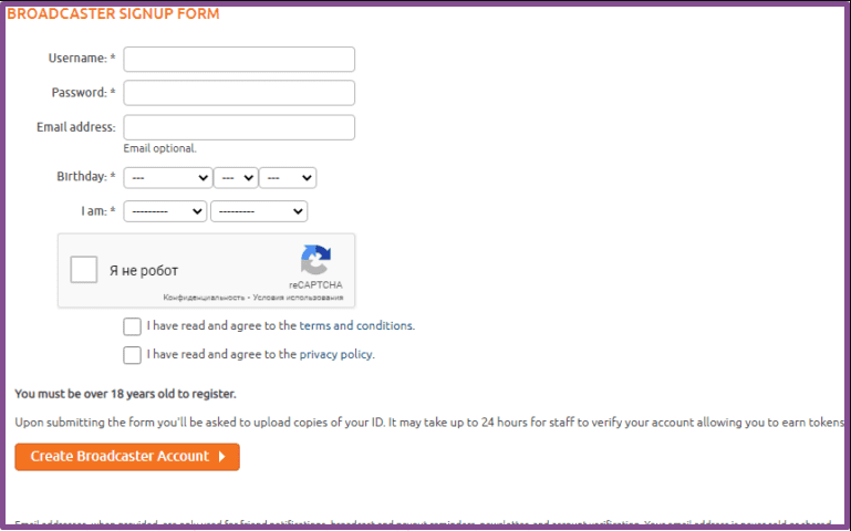 Broadcaster signup form on Chaturbate
