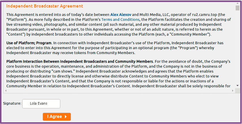 Independent Broadcaster Agreement on Chaturbate