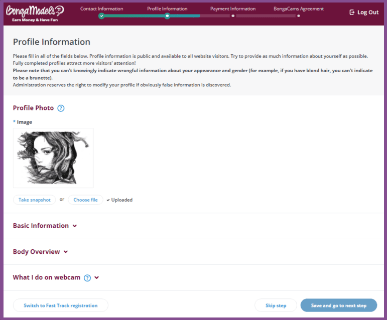 BongaCams Modell anmelden: Profil Informationen